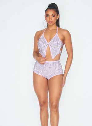 BUTTERFLY RHINESTONE CROP TOP AND SHORTS SWIM SET